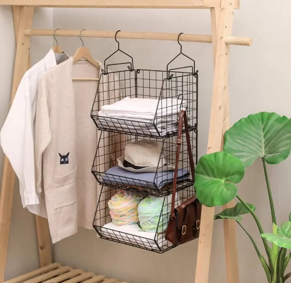 3‑Tier Foldable Stackable Hanging Storage Shelves Mountable Organizer Rack